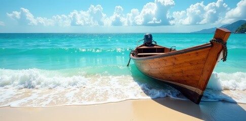 Obraz premium Seawater lapping against a wooden boat docked at the beach, tropical, seaweed