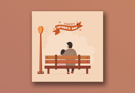 Happy Father&rsquo;s Day Editable Social Media Post with Illustration of Father and Daughter on Bench, Back View.