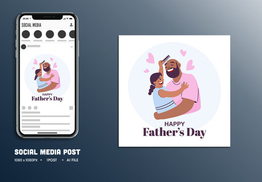 Happy Father&rsquo;s Day Editable Social Media Post with Illustration of Cartoon Girl Combing Her Bald Father.