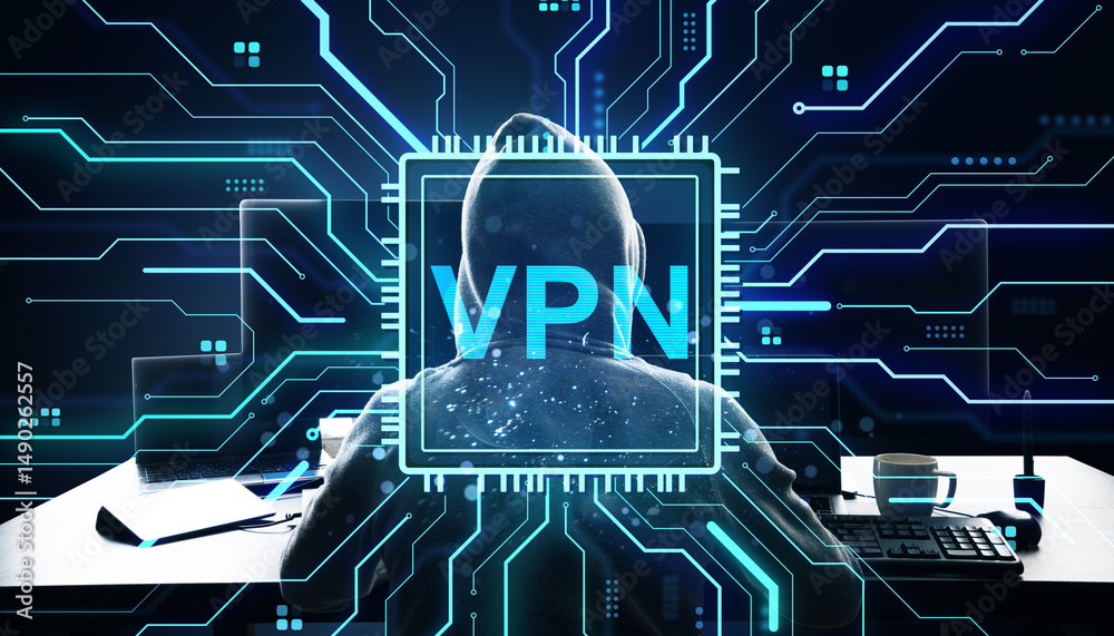 Leinwandbilder Person wearing hoodie using computer with VPN text overlay and digital circuit background representing cybersecurity and data protection concept.