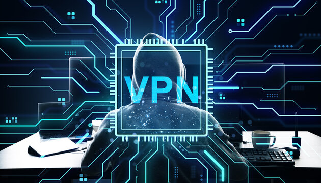Person wearing hoodie using computer with VPN text overlay and digital circuit background representing cybersecurity and data protection concept.