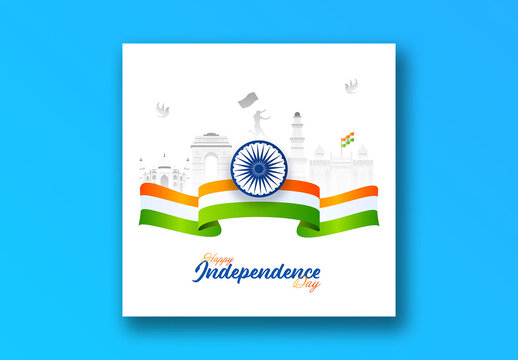 Happy Independence Day Social Media Post with Illustration of Silhouette Man Holding National Flag and Famous Monuments. Editable Design.