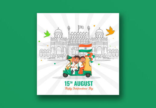 Happy Independence Day Social Media Post with Illustration of Man Driving Auto, Woman Doing Namaste, Indian Flag and Balloons in Front Red Fort, Editable Design.