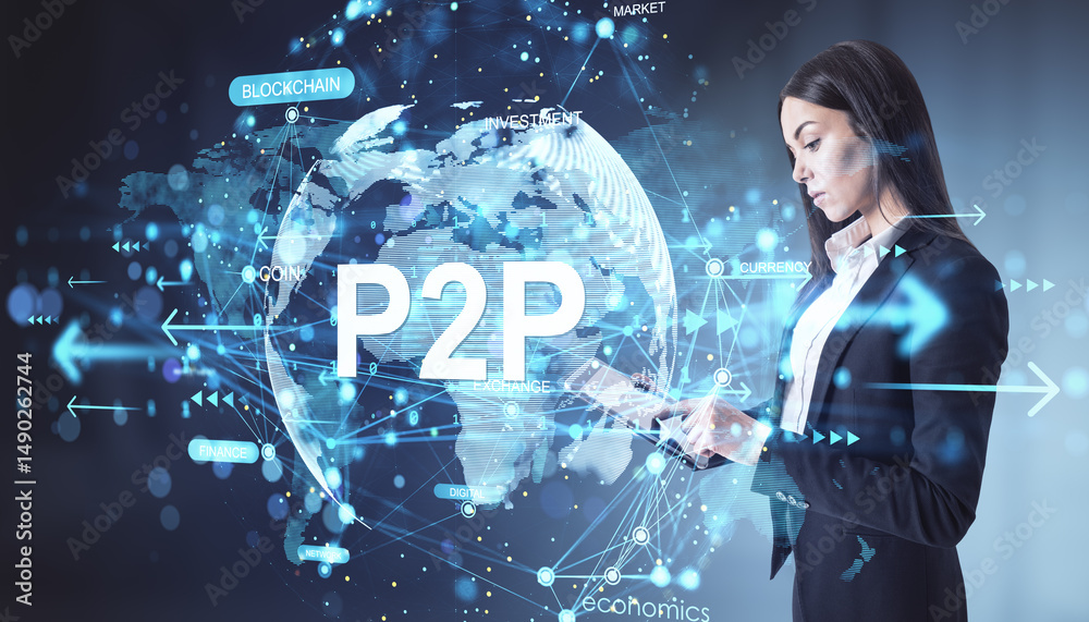 Aufkleber Businesswoman interacting with P2P financial network interface on digital world map background with blockchain and currency data elements.