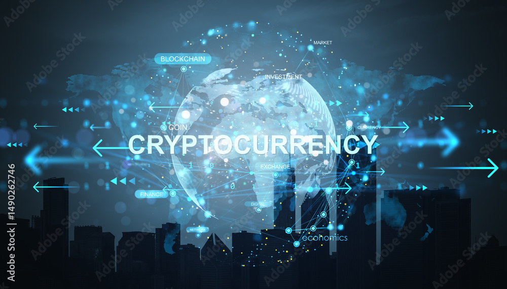 Aufkleber Digital cryptocurrency concept with glowing data globe and fintech keywords on dark city background showing futuristic financial technology network.