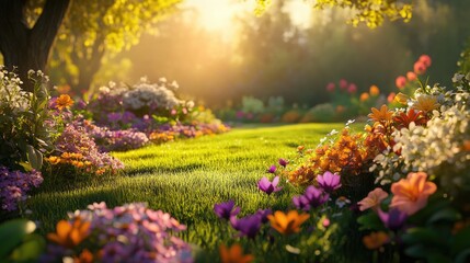 Fototapeta premium Sunlit Garden of Blooming Flowers: A Serene Spring Landscape