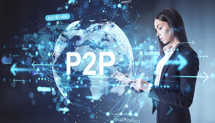 Businesswoman interacting with P2P financial network interface on digital world map background with blockchain and currency data elements.