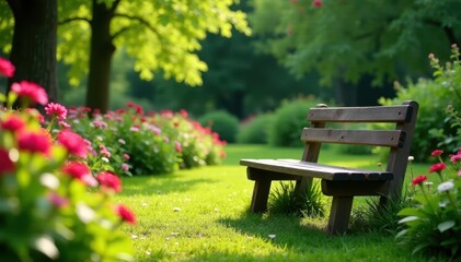Fototapeta premium Serene garden scene with wooden bench, lush greenery and vibrant flowers, outdoor seating, florals