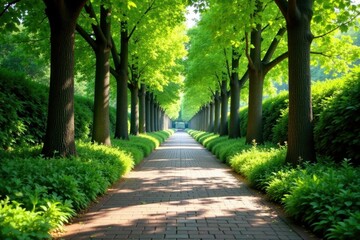 Serene garden walkway lined with tall trees and vibrant greenery , foliage, scenery
