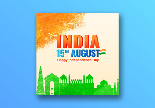 15th August, Independence Day Social Media Post with Indian Famous Monument in Brush Stroke Background, Editable Design.