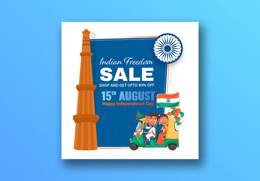 15th August, Indian Independence Day Social Media Sale Post with Illustration of Indian Man Driving Auto with Woman, National Flag, Balloons and Qutub Minar, Editable Design.