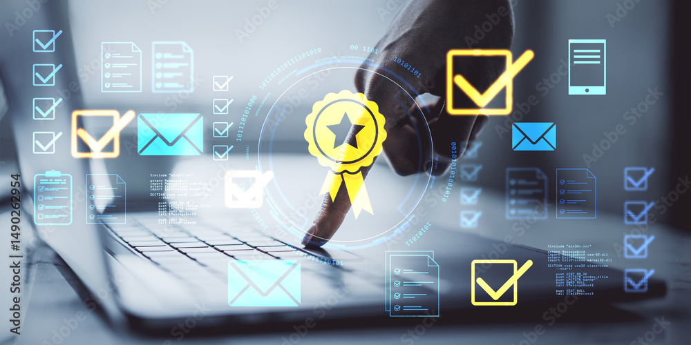 Poster Person touching laptop keyboard with holographic interface of email, checklists, and certification badge icons in virtual business concept interface.