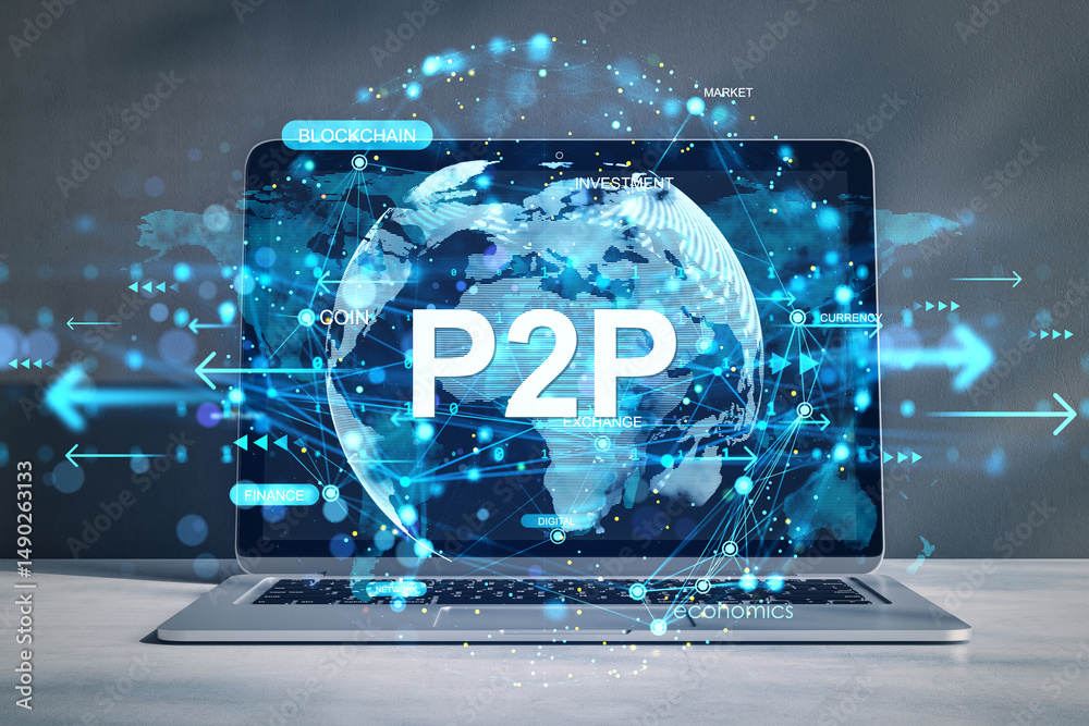 Fototapete Digital P2P exchange concept on laptop screen with global blockchain network and data connections in blue light on modern background.
