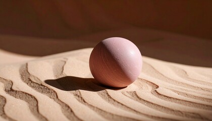 Dusty rose-painted stone sphere resting on rippled sand-like textured surface, soft side lighting creating dramatic contrast
