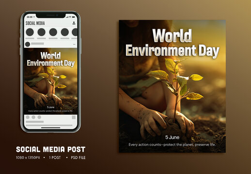 World Environment Day Editable Social Media Post with Girl Planting for Every Action Counts, Protect the Planet and Preserve Life on June 5th.