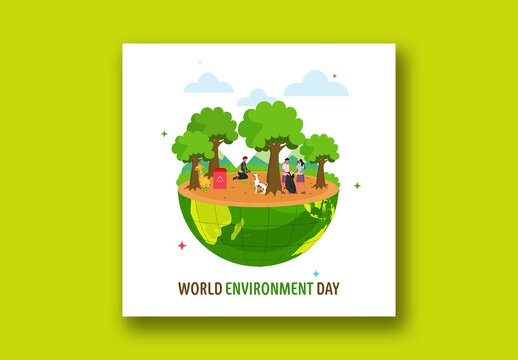 Editable Social Media Post on World Environment Day with Illustration of People Cleaning Garden and Recycling Bins for Environmental Awareness.
