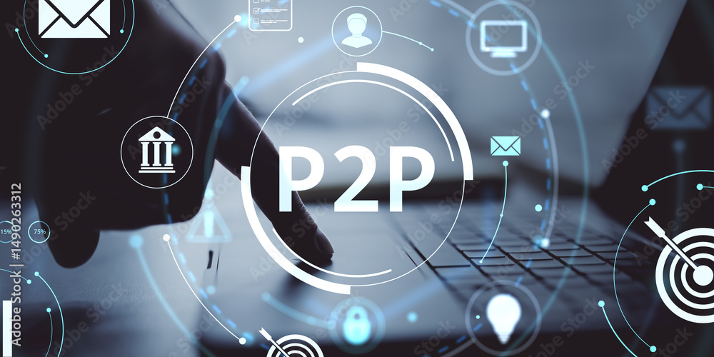 Aufkleber Person using laptop with digital P2P interface graphics and icons representing peer-to-peer financial technology on abstract background light.