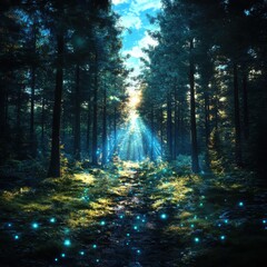 Fototapeta premium Mystical light breaking through the trees enchanted forest photography nature landscape serenity