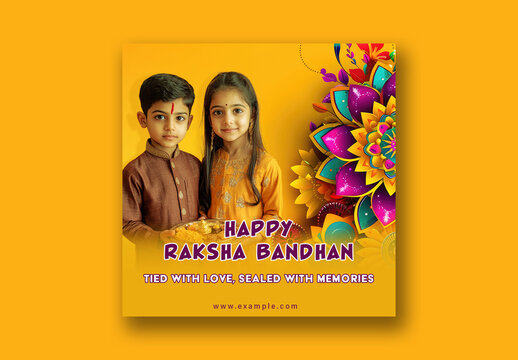 Happy Raksha Bandhan Editable Social Media Post with Smiling Little Brother and Sister Together Holding a Worship Plate.