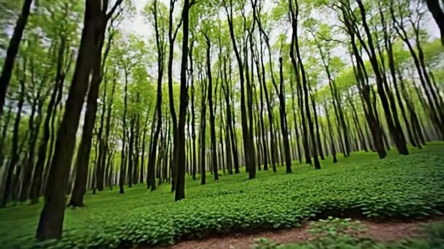 A scenic forest with a dense canopy of trees