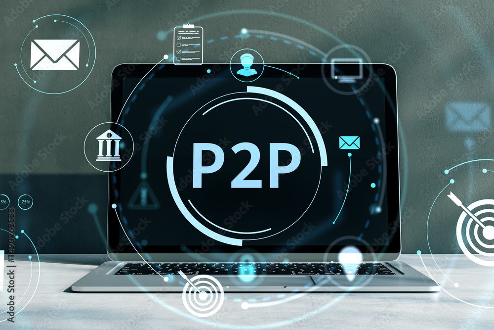 Aufkleber P2P financial technology platform displayed on laptop screen with futuristic digital interface elements representing peer-to-peer services and innovation.