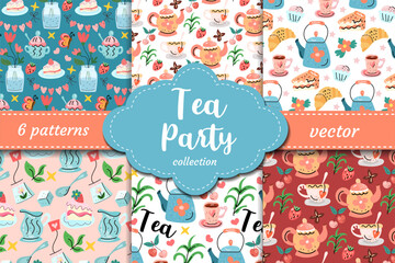 Sweet tea party vector patterns with teapots, cups, desserts, berries and florals. Ideal for invitations, fabric, packaging and cozy feminine themes