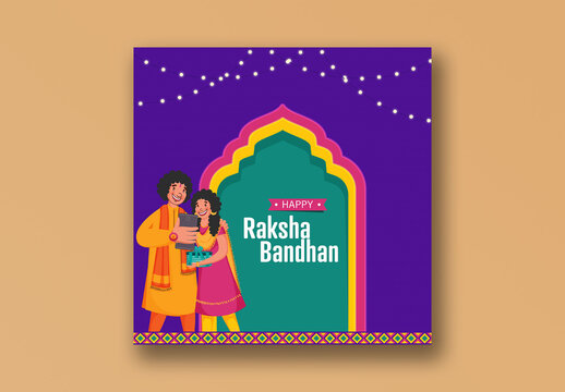 Happy Raksha Bandhan Social Media Post with Illustration of Cute Sister and Brother Taking a Selfie at Festival Memorable Time, Editable Design.