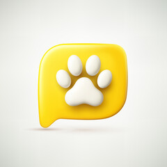 Paw 3d template, great design for background, poster, social media. Yellow circular button with a white paw print symbol, representing pets or animals. 3D realistic vector illustration.