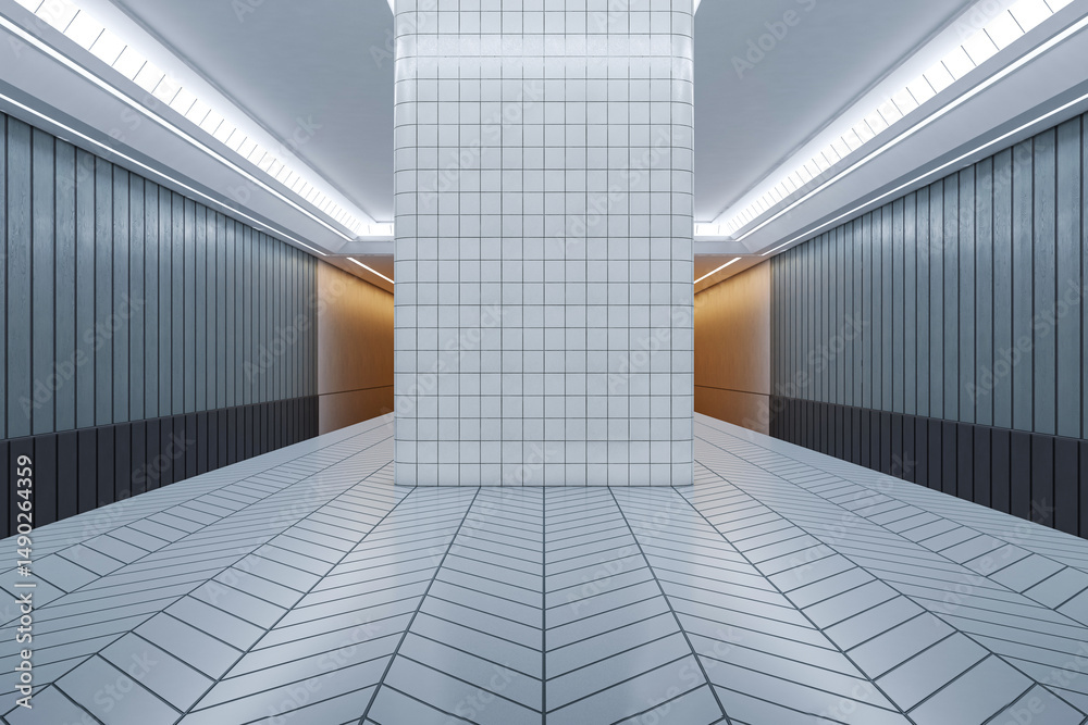 Aufkleber modern tiled hallway interior with central column and geometric floor pattern in clean contemporary 