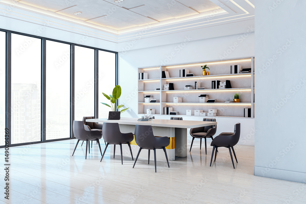 Poster modern corporate conference room with large windows, white floor, bookshelf wall, and elegant table 