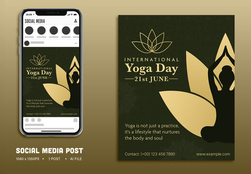21st June International Yoga Day Awareness Social Media Post with Silhouette of Woman Meditating to Promote Wellness, Mindfulness and Healthy Living. Editable Design.
