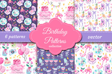 Cute and colorful birthday vector patterns with cakes, disco balls, gifts, champagne, balloons and sweets. Perfect for kids, party decor, wrapping and greeting cards