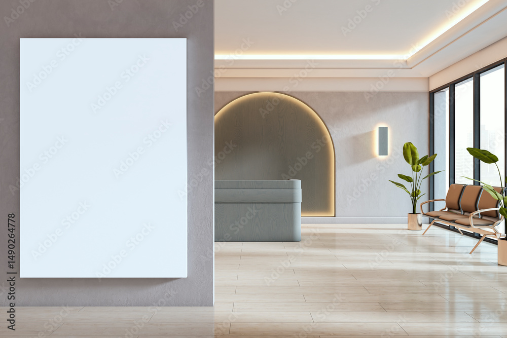 Aufkleber Blank poster mockup on wall in modern reception area with minimal furniture and soft lighting for design or branding presentation template. 3D Rendering
