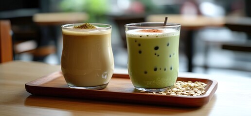 Two beverages on wooden tray