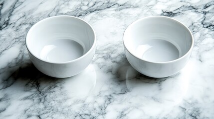 Two empty white bowls on marble surface