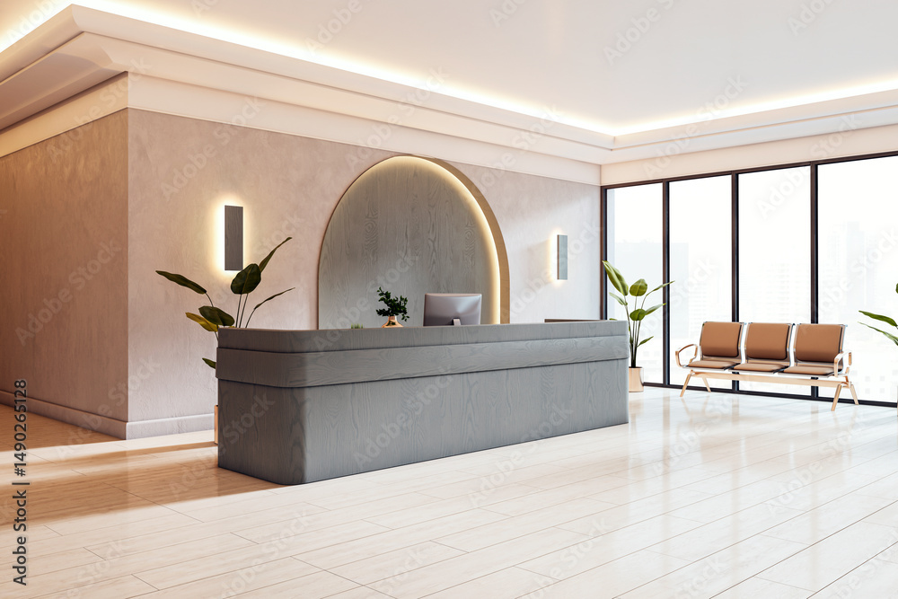 Poster Modern luxury office reception area with backlit desk and city view through large windows, bright and stylish interior space design.. 3D Rendering