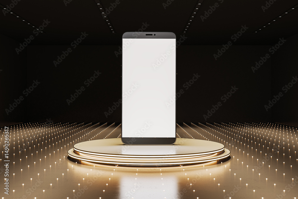 Poster blank smartphone mockup standing on illuminated golden podium in dark futuristic room used for brand