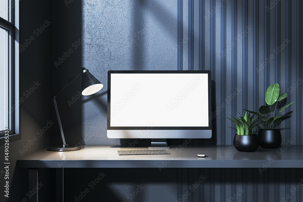 Poster Modern workspace mockup with blank computer screen, desk lamp, and plants on dark minimalist background for branding or design template use. 3D Rendering