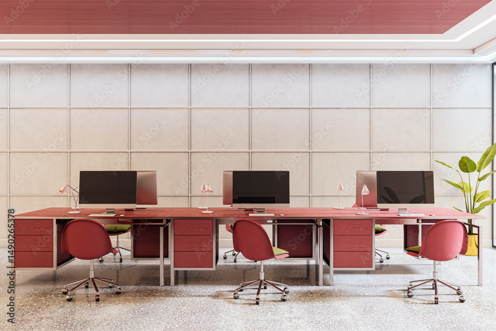 Poster contemporary open office space with red desks, modern computer setups, and minimalistic clean design