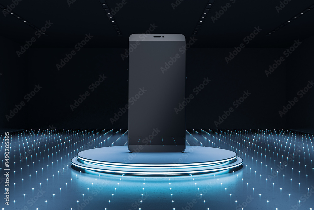 Aufkleber Smartphone mockup on futuristic illuminated platform with glowing blue lights and dark digital background in high-tech presentation scene concept. 3D Rendering