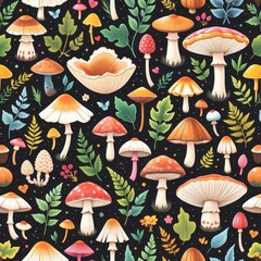 seamless pattern of mushrooms and ferns, nature inspired forest floor elements