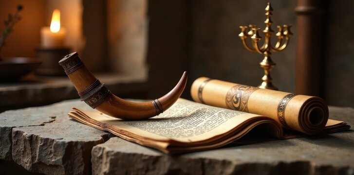Shofar and tallit on an ancient stone table with a menorah and scrolls, table, Yom Kippur symbols
