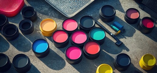 Various colored paint containers