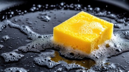Detergent foam on sponge scrubbing greasy pan in close-up shot