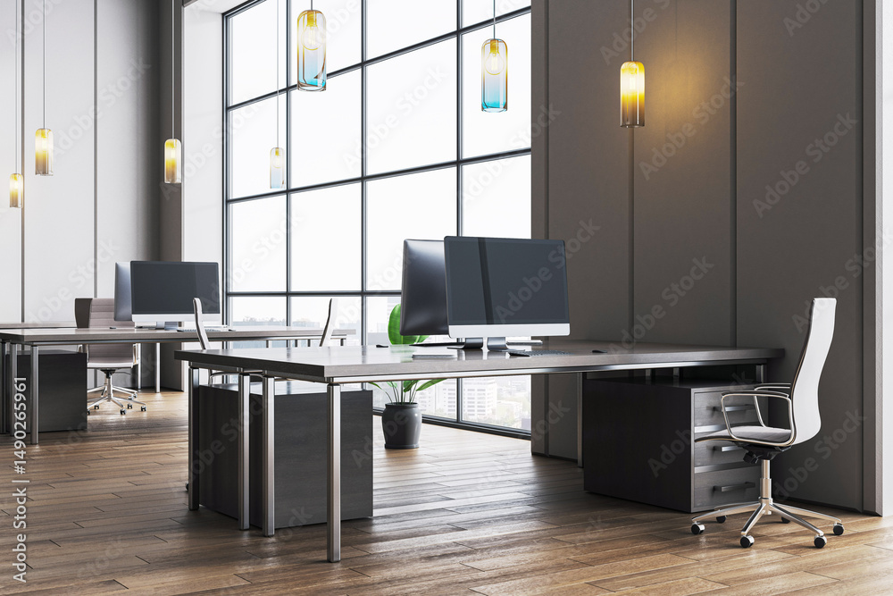 Poster modern empty office interior with large windows, contemporary furniture and wooden floor in corporat