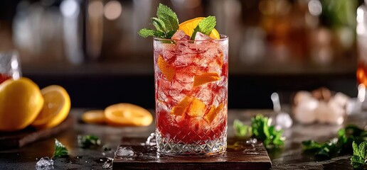 Vibrant red cocktail with orange slices and mint