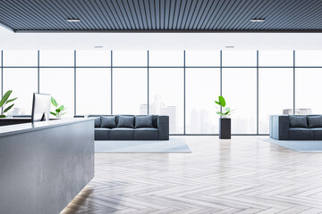 Modern corporate reception area with sleek desk, sofas, and panoramic city view from large windows in bright contemporary office interior. 3D Rendering