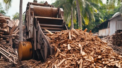 Industrial wood chipper machine processing peeled logs into small chips