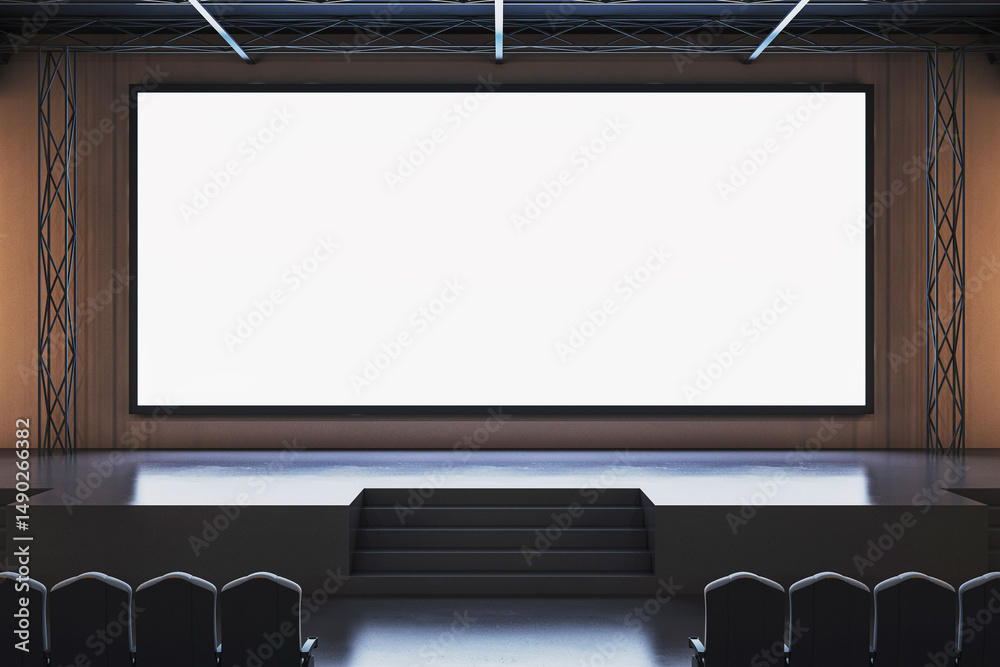 Poster Modern empty conference hall interior with large blank screen on stage for digital presentation or event background concept mockup scene. 3D Rendering