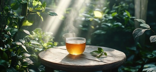 Warm beverage in sunlit garden setting